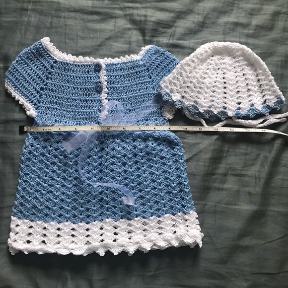 Crochet Blue and white New Born Baby Dress And Hat Read - Picture 9 of 9
